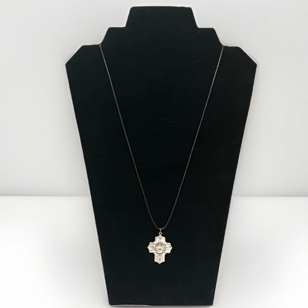 Vintage Pendant Four Way Cross I am Catholic Call A Priest Silver Leather Cord